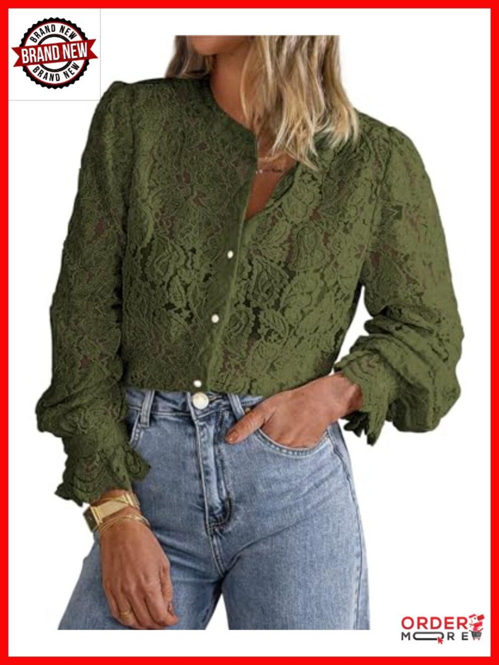 Women's Lace Button-Down Blouse Long Sleeve Crew Neck Work Top